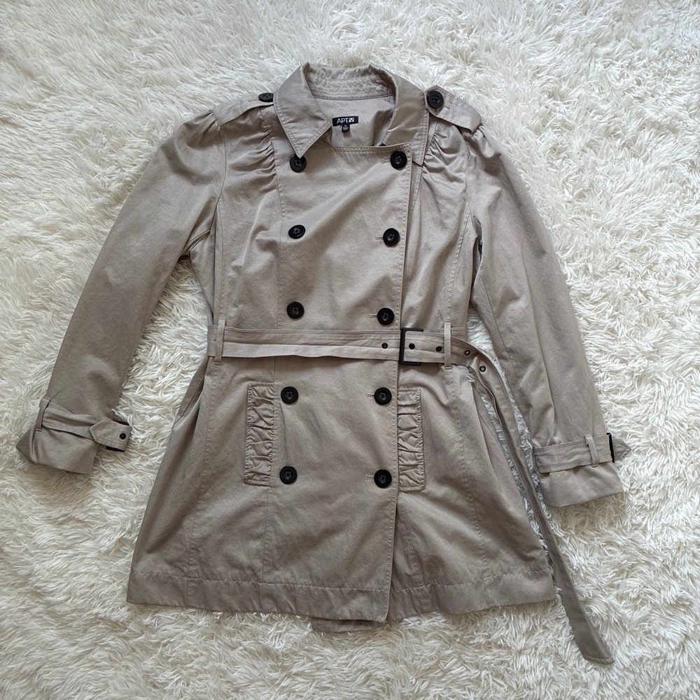 Y2K Apt. 9 Womens Khaki Tan Ruffle Double Breasted Belted Trench Coat Size XL